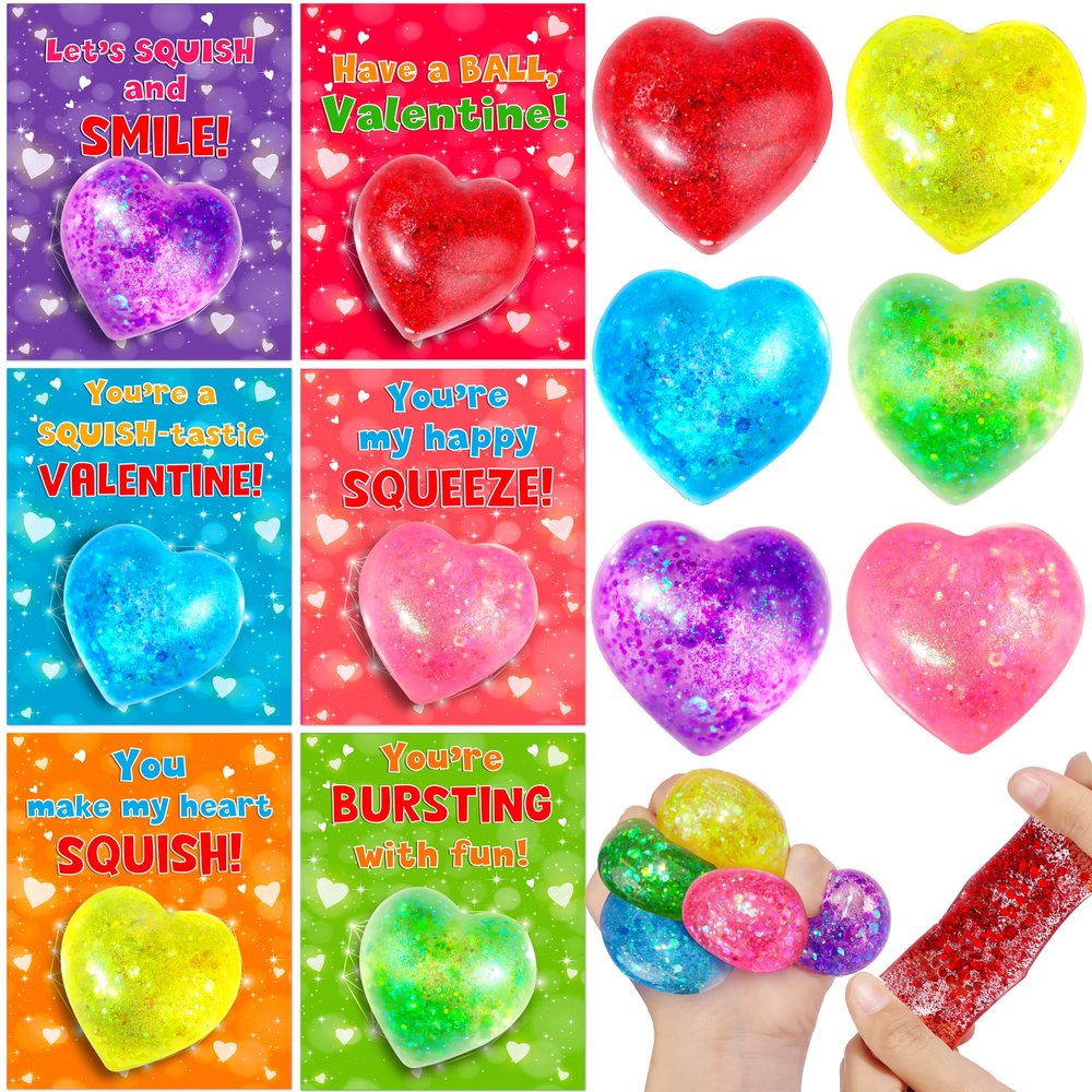 24 Pack Valentine Day Gifts for Kids Classroom Valentines Cards with Heart Fidget Stress Balls for Kids School Stretchy Ball Squeeze Toys Valentines for Class Exchange Gifts Party Favors Boys Girls