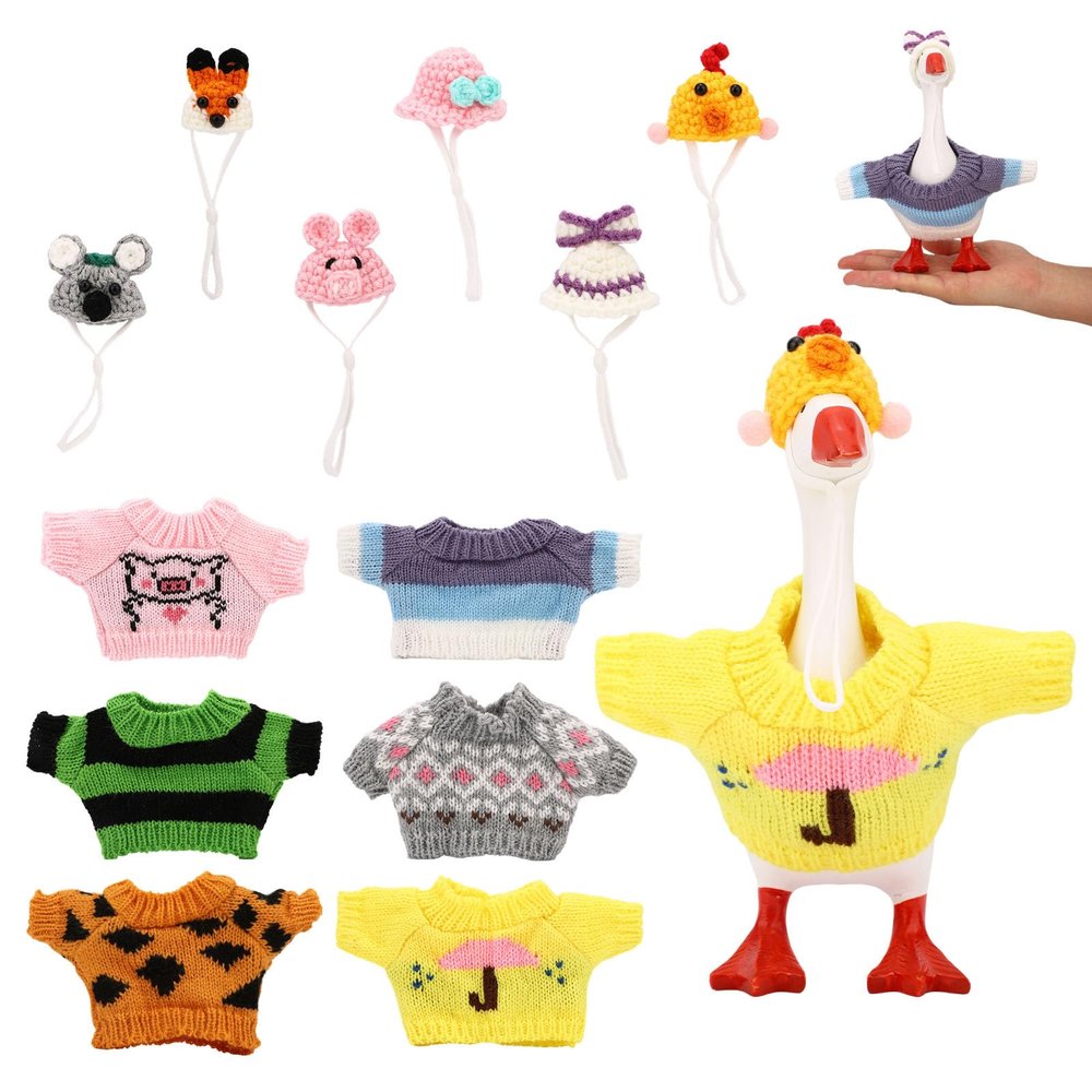 6 Sets Mini Desk Goose Outfits and Hats, Cute Knitted Sweater Clothes for 7 Inch Magnetic Desktop Goose or Keychain Adorable Porch Geese Statue Costumes Headwear Accessories for Home Office Display