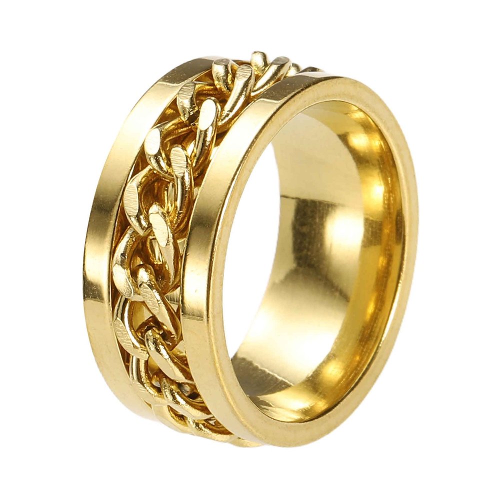 HEARTOOL Adults Fidget Ring 0.6" (15mm) Dia. Titanium Steel Chain Rotatable Rings, Metal Anxiety Release Band Rings Perfect for Men & Women (Gold)