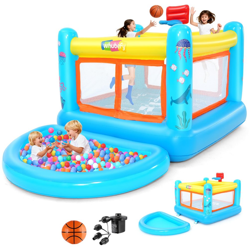 AKEYDIY Inflatable Bounce House for Kids, 107.1'' x 67.7'' x 44'' PVC Jumping House with Removable Pool/Ball Pit, Basketball Hoop, Game Map, Indoor Outdoor Bouncy House for Toddlers 3-6 (with Pool)