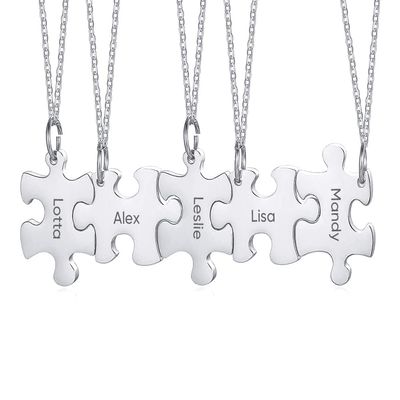 Customized Friendship Necklace for 5 Puzzle Piece Necklaces Stainless Steel Friend Ship Necklace Set Silver Personalized Long Distance Friendship Gifts for Friends and Family