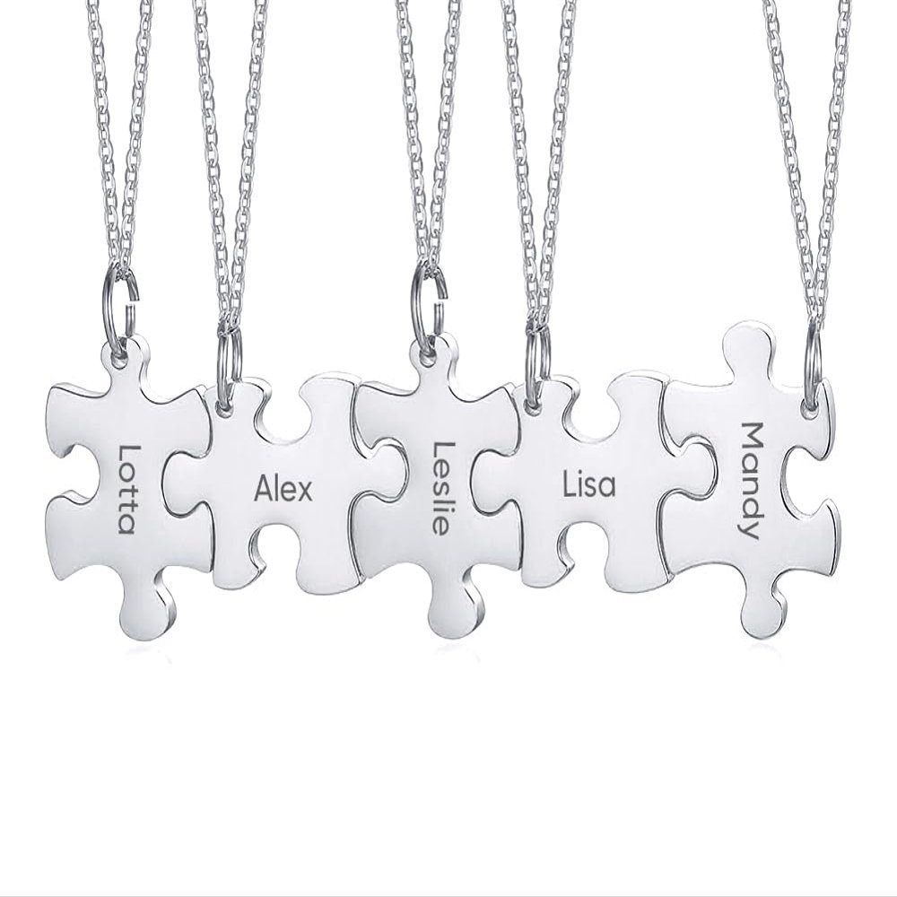Customized Friendship Necklace for 5 Puzzle Piece Necklaces Stainless Steel Friend Ship Necklace Set Silver Personalized Long Distance Friendship Gifts for Friends and Family
