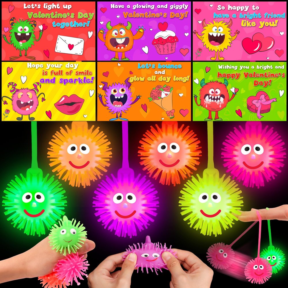 24 Pack Valentines Day Cards for Kids Classroom with LED Puffer Balls, Valentines Gifts for Kids School Class Exchange Prizes Party Favors Valentines Light Up Toys Stress Relief Balls for Boys Girls