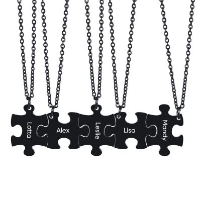 Customized Friendship Necklace for 5 Puzzle Piece Necklaces Stainless Steel Friend Ship Necklace Set Black Personalized Long Distance Friendship Gifts for Friends and Family
