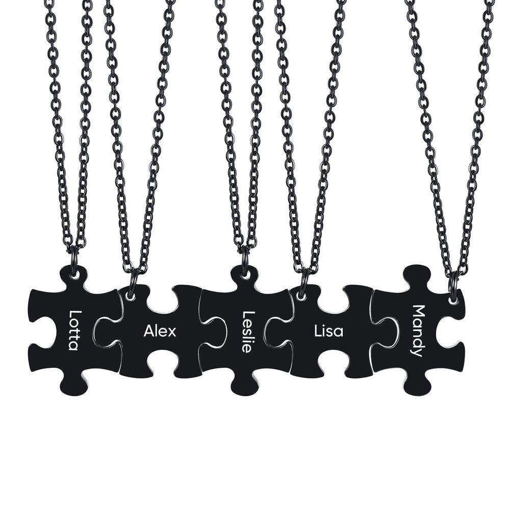 Customized Friendship Necklace for 5 Puzzle Piece Necklaces Stainless Steel Friend Ship Necklace Set Black Personalized Long Distance Friendship Gifts for Friends and Family