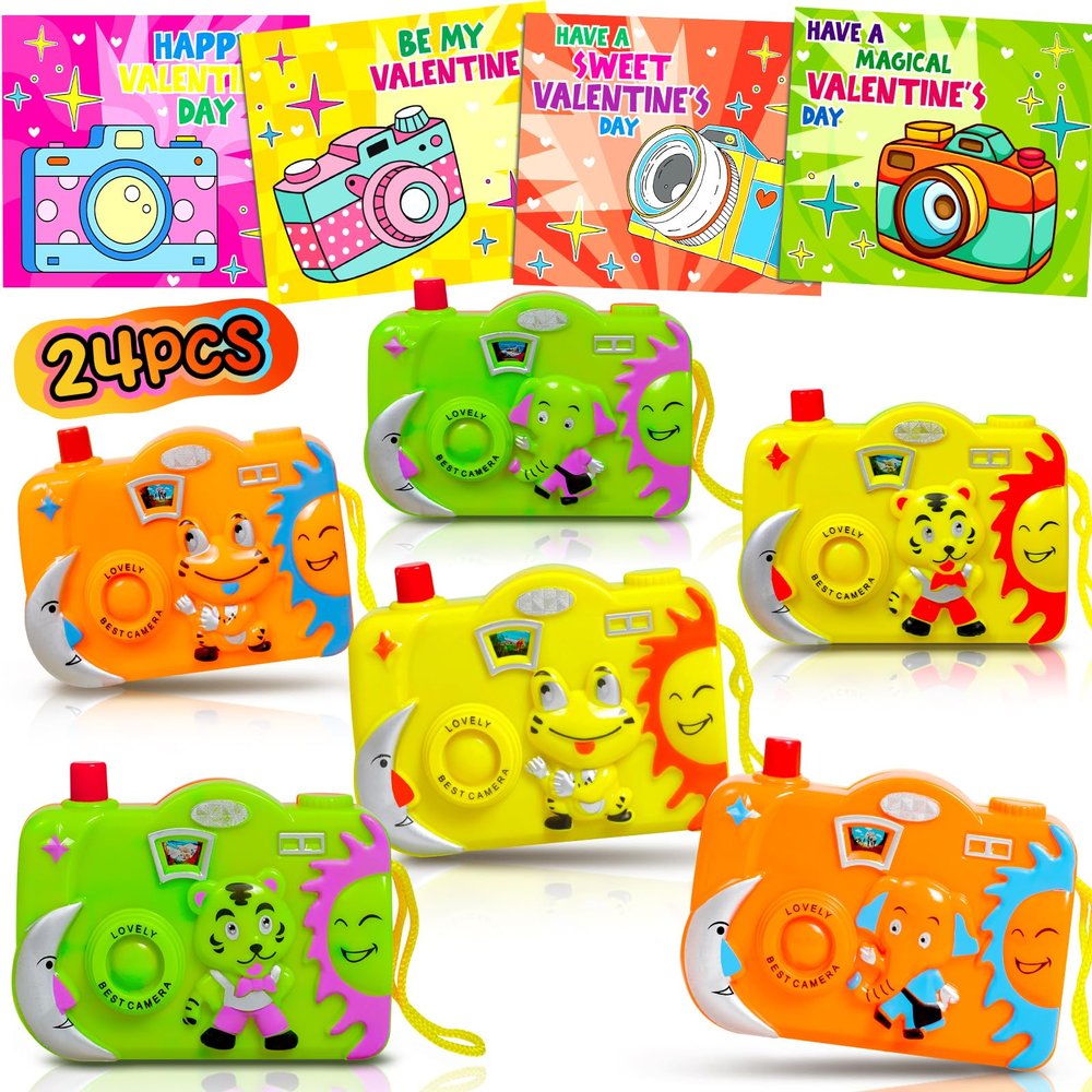 24PCS Camera Toy Set Valentine Day Cards for Kids Classroom Animal Patterns Viewfinder Kids Greeting Cards Valentines Classroom School Exchange Treat Prizes Boys Girls Toddlers Party Favor Goodie Bags