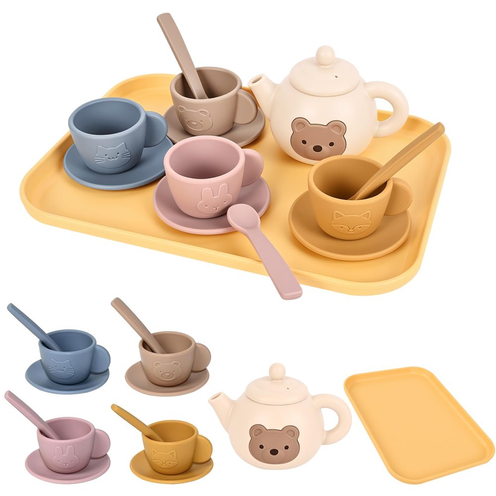 YOFOTHS Kids Silicone Tea Party Set, Pretend Play Tea Set with Teapot, 4 Cups with Saucers, Tray and Scoops, Safe Kitchen Toys for Ages 3-6