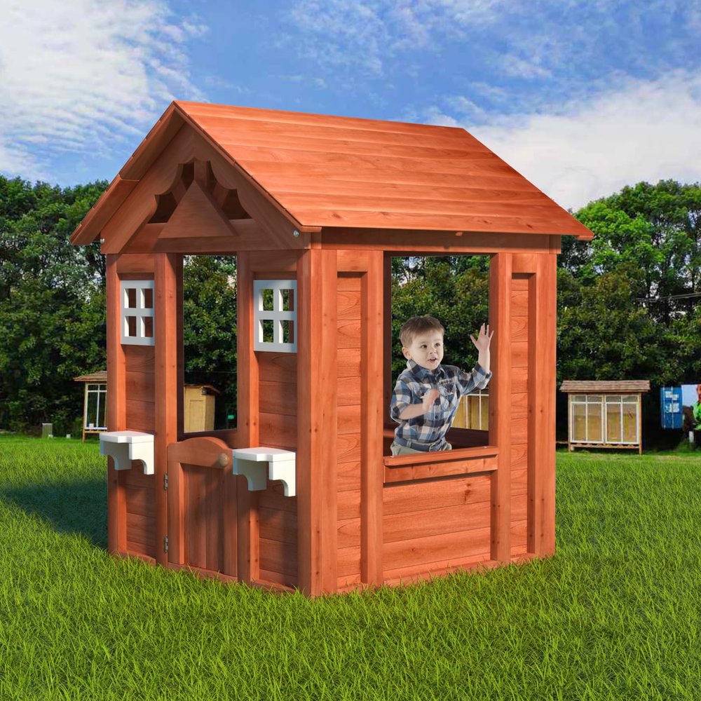 Outdoor Playhouse for Kids Wooden, Play House for Kids Ages 3-8,with Play Kitchen, Half Door, Windows, Flowerpot Holders (Golden)