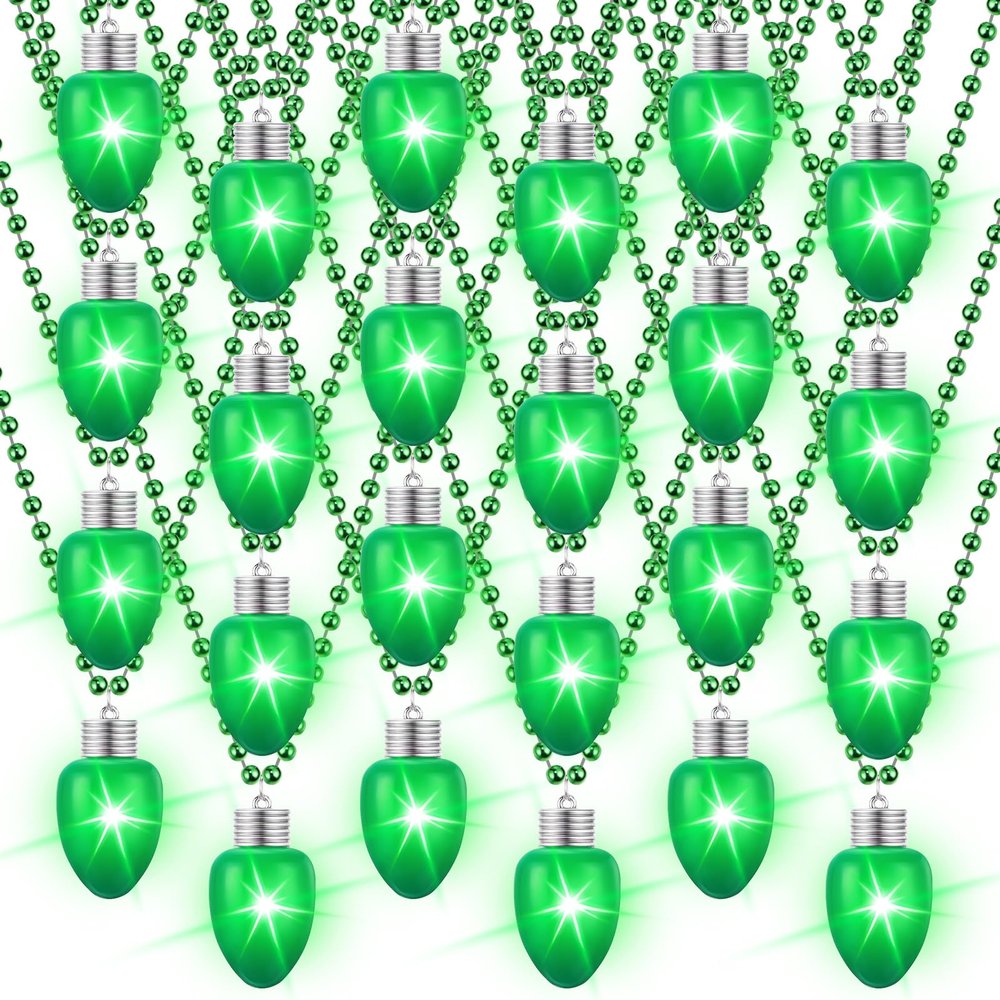 Ferreve 12 Pcs St Patricks Day Light up Beads Necklace Bulk LED Saint Patricks Day Lanyard Bulb Necklaces with 3 Light Modes Glow Tossing Beads for Irish Parade Party Favors Accessories (Green)