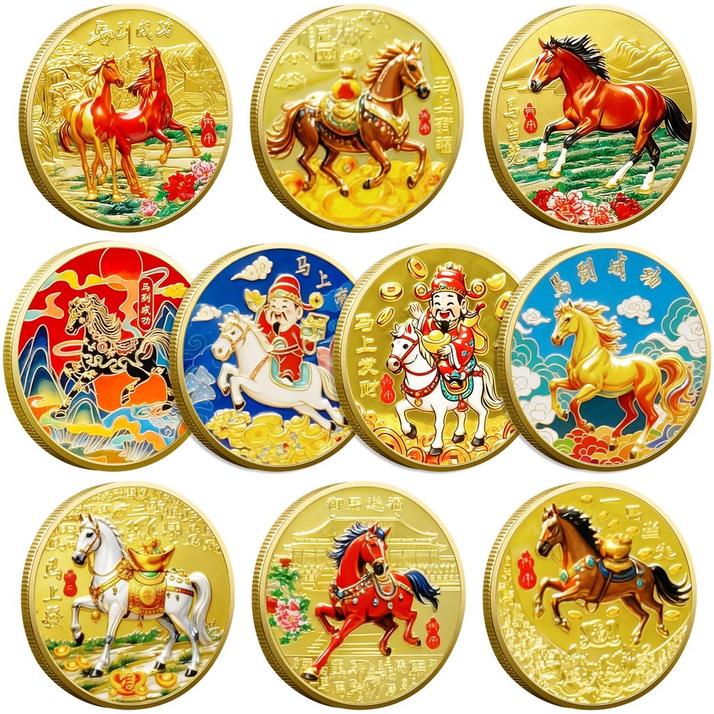 10 Pcs Chinese Horse Coin 2026 Year of The Horse Zodiac Coin Gold Chinese Lucky Coin for Lunar Year Zodiac Blessing Souvenir Gifts with Protective Case