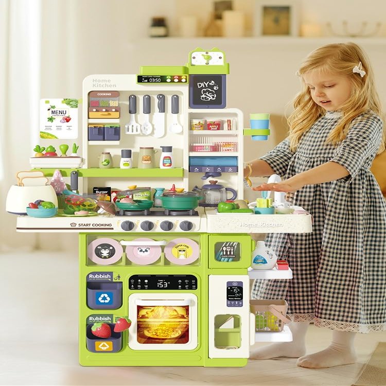 101Pcs/Set Kids Kitchen Playset, Toddler Play Kitchen Set with Sound Stove, Lights, Music, Faucet, Sink, and Play Food, Pretend Toy for Toddlers (Green) Green 1
