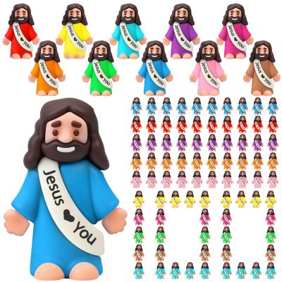 Bememo 100 Pcs Little Jesus Figures Original Design Jesus Loves You Rubber Toy Hide and Seek Religious Party Gift Sunday School Baptism Gift (Colorful)