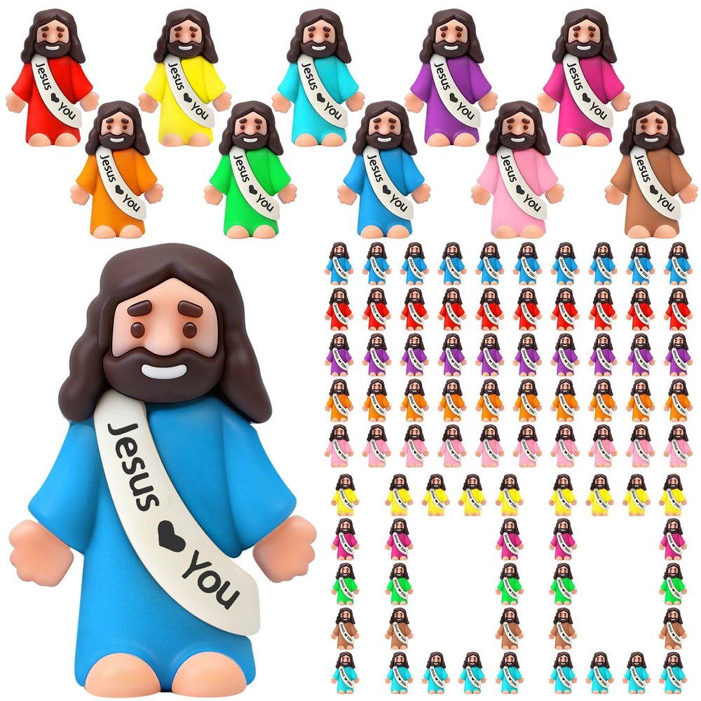 Bememo 100 Pcs Little Jesus Figures Original Design Jesus Loves You Rubber Toy Hide and Seek Religious Party Gift Sunday School Baptism Gift (Colorful)