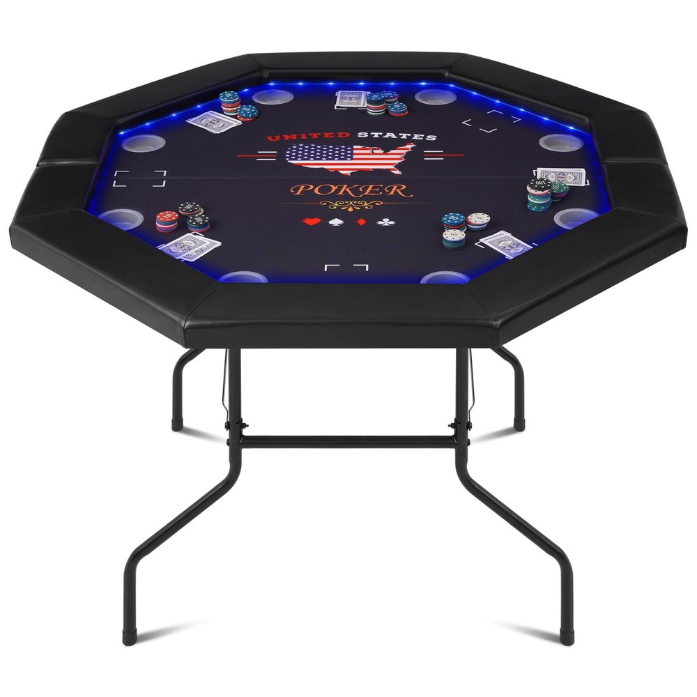 REAHOISY LED Poker Table Foldable, Octagon Casino Leisure Gamimg Table for 8 Player, Folding Texas Holdem Blackjack Table w/Built-in LED Light, Padded Rails & Cup Holders for Home Game Room