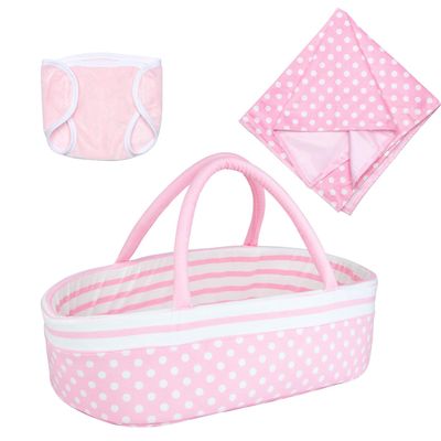 3 Pcs Reborn Baby Doll Accessories Set Bassinet + Blanket + Diaper, Thick Foldable Baby Doll Cradle Beds for 16-18 Inch Newborn Dolls Girl, Soft Sleep Babydoll Carrier Reborn Doll Accessories Pink