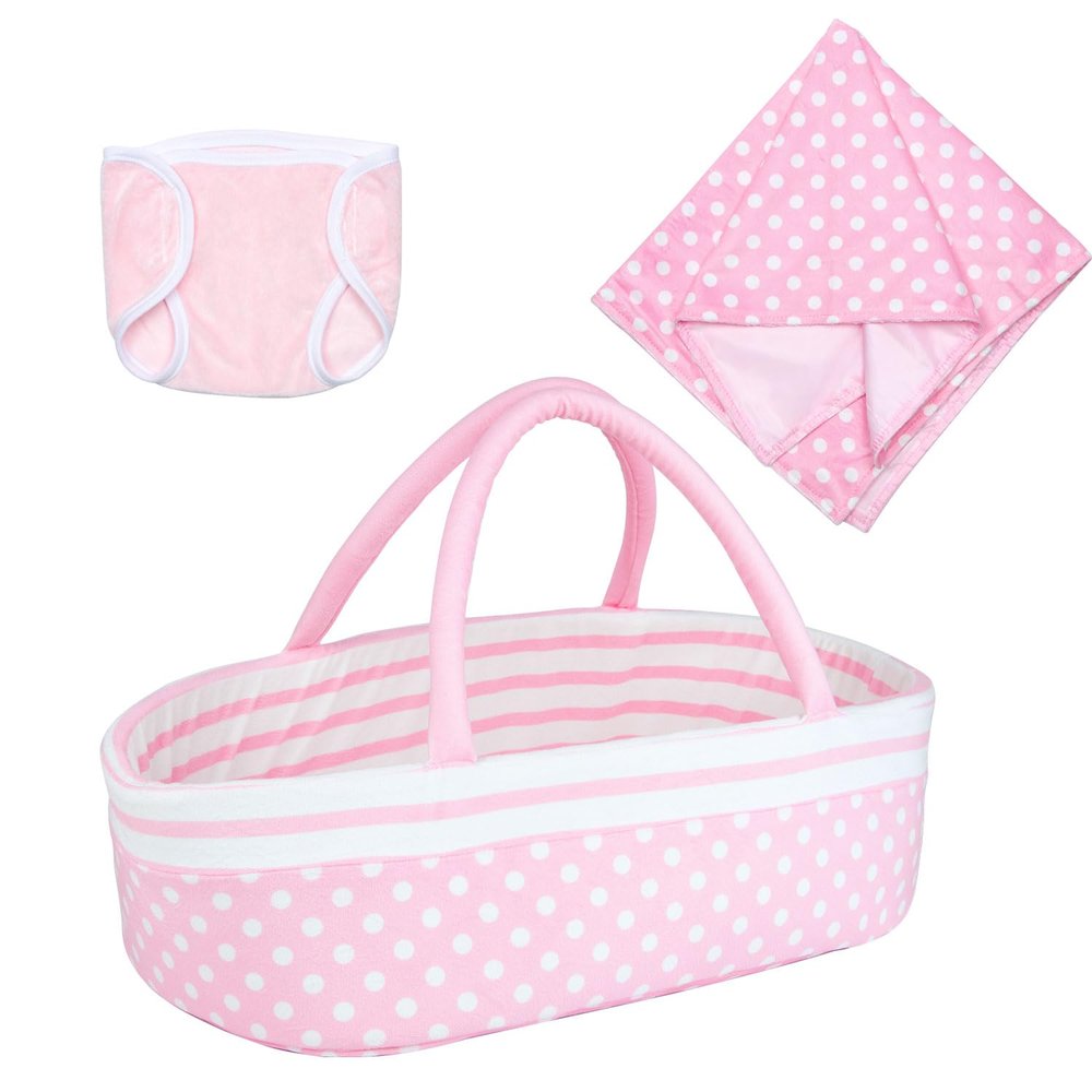 3 Pcs Reborn Baby Doll Accessories Set Bassinet + Blanket + Diaper, Thick Foldable Baby Doll Cradle Beds for 16-18 Inch Newborn Dolls Girl, Soft Sleep Babydoll Carrier Reborn Doll Accessories Pink