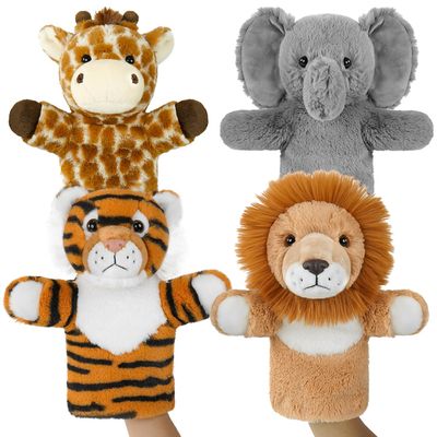 4 PCS 11 Inch Animal Hand Puppet Set Soft Realistic Wild Plush Puppets Toys Tiger, Lion, Giraffe, Elephant Puppet for Kids Ages 1-3, 4-8 and Adult to Tell Stories and Role Play