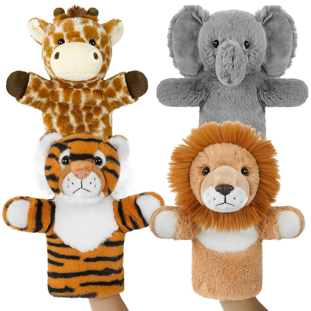 4 PCS 11 Inch Animal Hand Puppet Set Soft Realistic Wild Plush Puppets Toys Tiger, Lion, Giraffe, Elephant Puppet for Kids Ages 1-3, 4-8 and Adult to Tell Stories and Role Play
