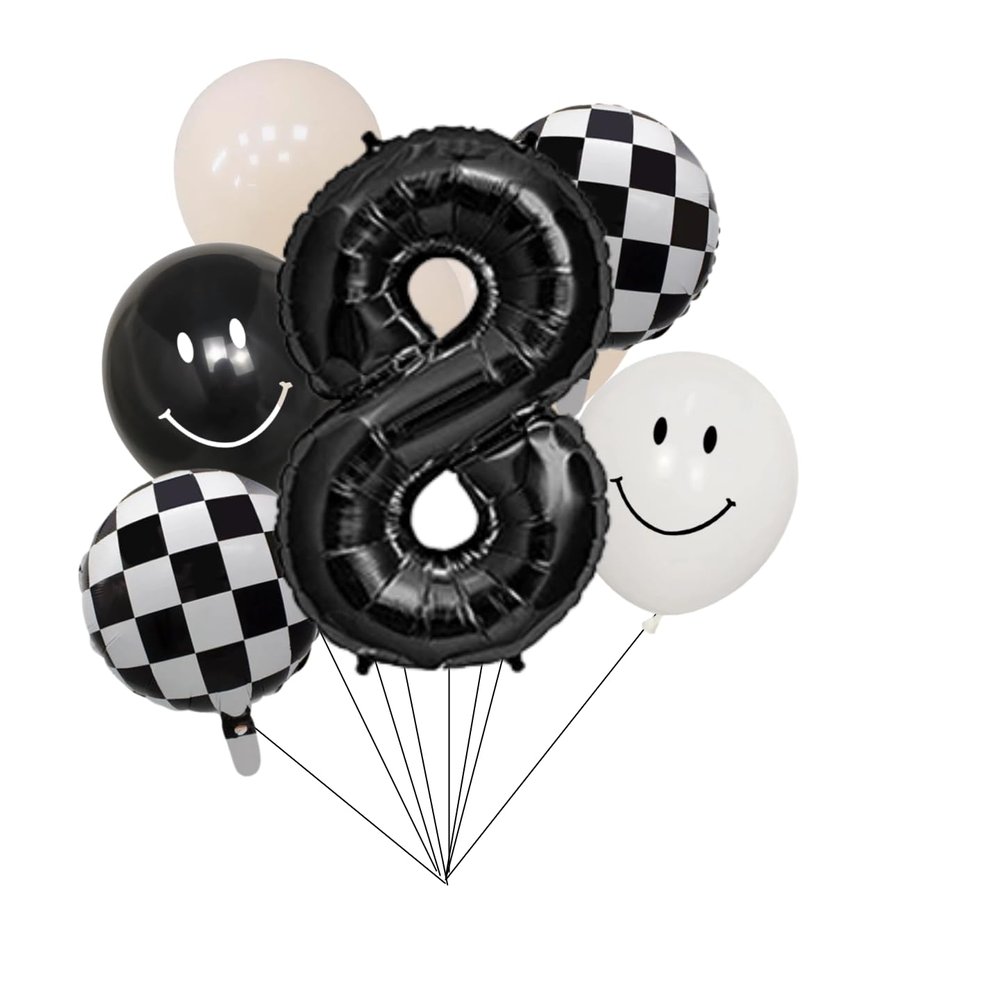 100% LIKED-One Happy Dude Balloon Set, 40 Black Number|Black & White Smiley Face Latex |Checkered Foil for One Happy Dude Birthday Decorations, Baby Shower, 8th Birthday Party Supplies (Black8th)