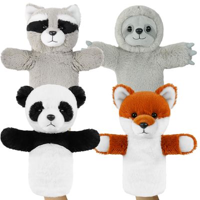 4 PCS 11Inches Animal Hand Puppet Set Forest Cute Realistic Plush Puppets Toys Raccoon, Panda, Fox, Sloth Puppet for Kids Ages 1-3, 4-8, Toddlers and Adults to Tell Stories and Role Play