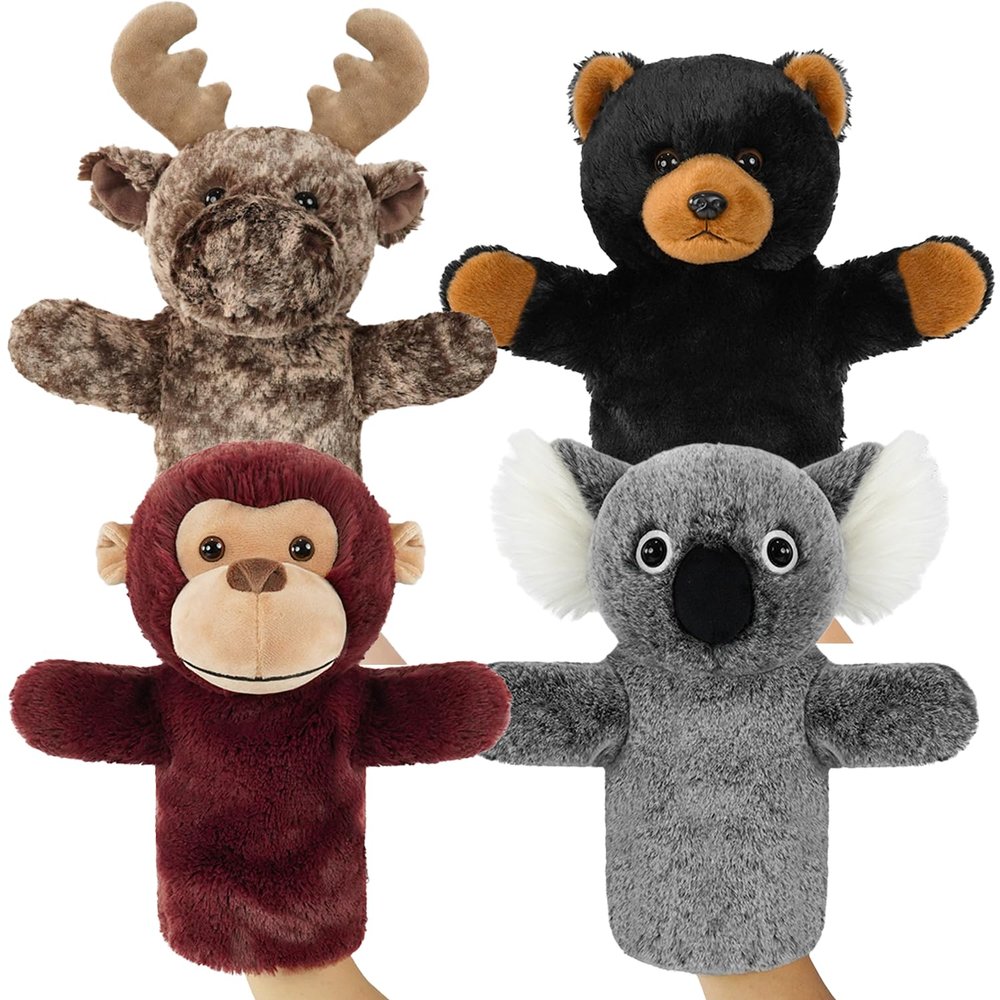 4 PCS Animal Hand Puppet Set 11'' Soft Realistic Wild Plush Puppets Toys Orangutan, Black Bear, Moose, Koala Puppet for Kids Ages 1-3, 4-8 and Adult to Tell Stories and Role Play