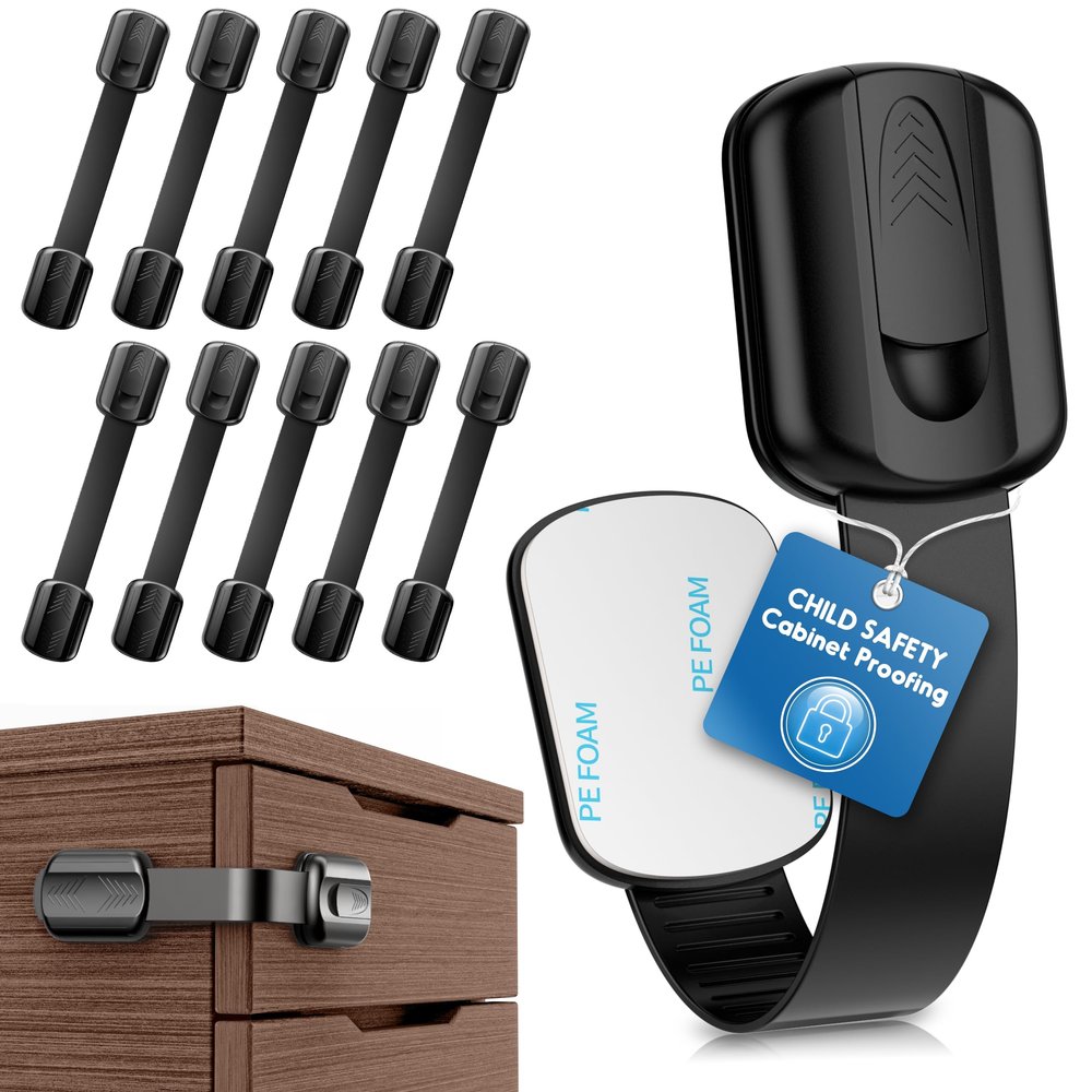 10 Pack Cabinet Locks Baby Proofing, SOGUDE Child Proof Cabinet Locks with 3M Adhesive Child Safety Locks for Refrigerator, Doors, Drawer Locks No Drilling, Cabinet Locks for Babies- Black