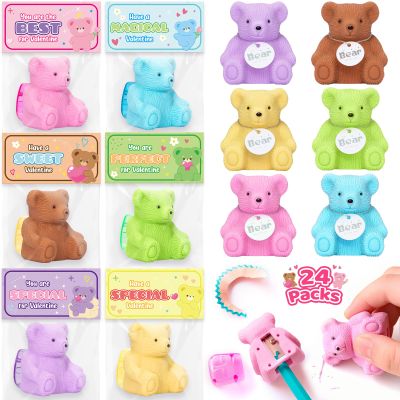 24 Pack Valentines Day Cards for Kids School, 2 in 1 Eraser Pencil Sharpener Bear Toys with Valentine Cards, Classroom Exchange Prizes Party Favor, Ideal Valentines Rewards Gifts for Boy Girls