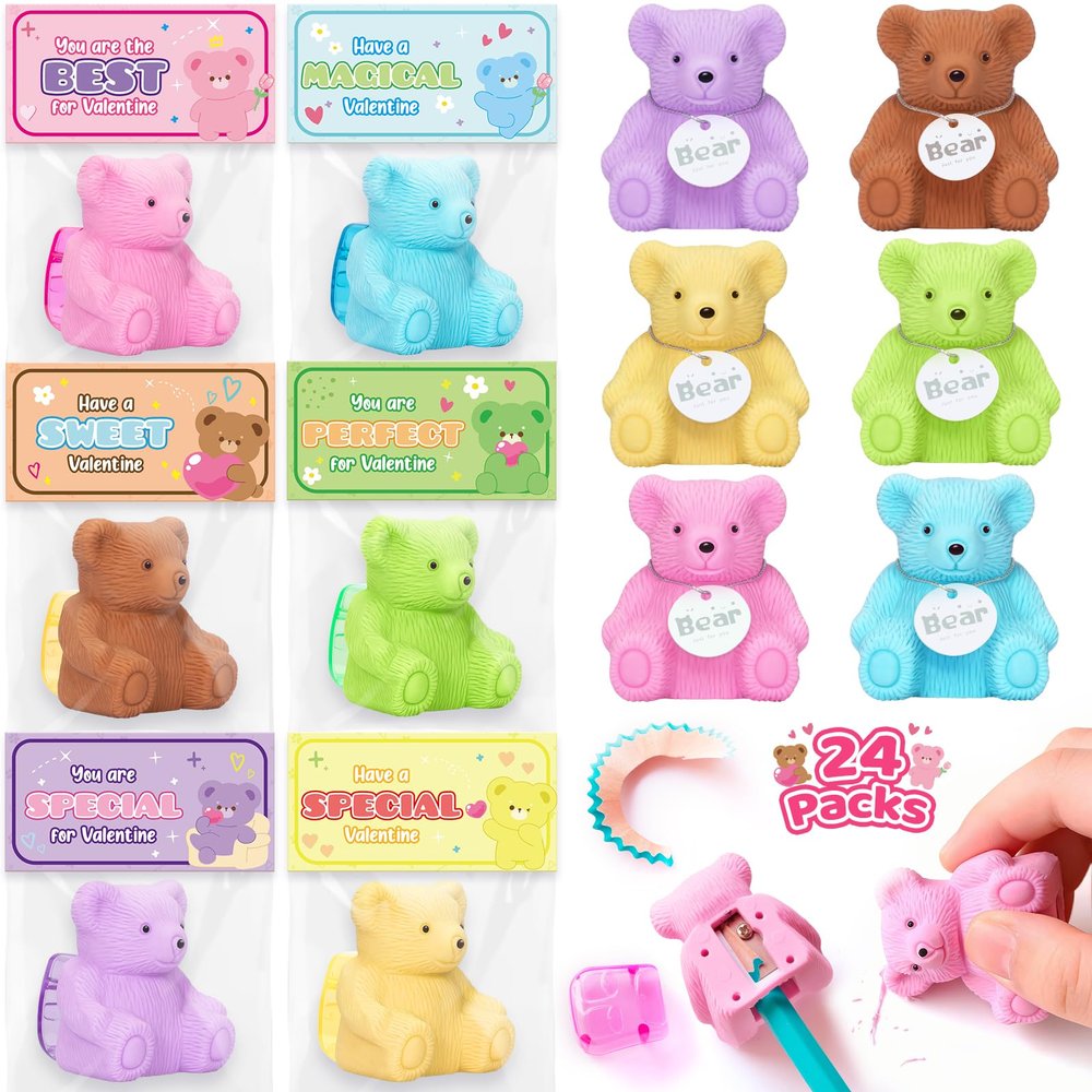 24 Pack Valentines Day Cards for Kids School, 2 in 1 Eraser Pencil Sharpener Bear Toys with Valentine Cards, Classroom Exchange Prizes Party Favor, Ideal Valentines Rewards Gifts for Boy Girls