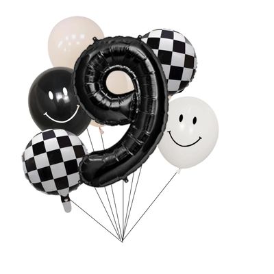 100% LIKED-One Happy Dude Balloon Set, 40 Black Number|Black & White Smiley Face Latex |Checkered Foil for One Happy Dude Birthday Decorations, Baby Shower, 9th Birthday Party Supplies (Black9th)