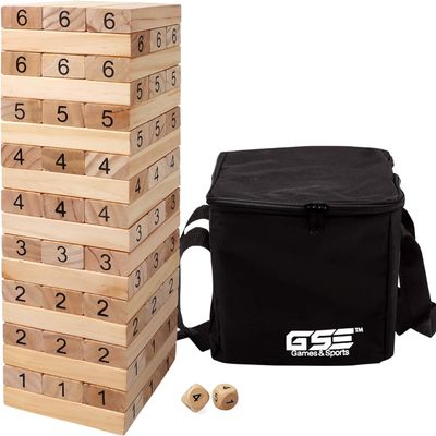 GSE Games & Sports Expert 54-Piece Tumble Timber Set (Up to 5FT), Pine Wood Tumble Tower Game with Dice Set - Classic Block Stacking Board Game for Adults Outdoor