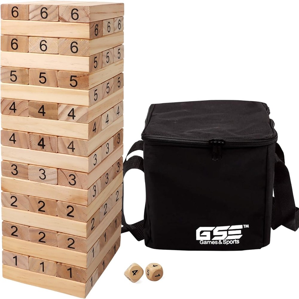 GSE Games & Sports Expert 54-Piece Tumble Timber Set (Up to 5FT), Pine Wood Tumble Tower Game with Dice Set - Classic Block Stacking Board Game for Adults Outdoor