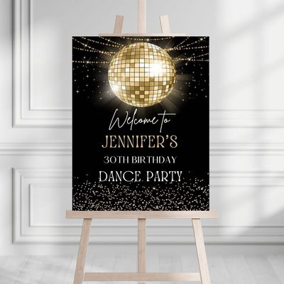 Disco Ball Welcome Canvas, Gold Disco Ball Theme, 70S Retro Disco Party Banner, Editable & Printable Sign, Birthday Graduation Decor Poster