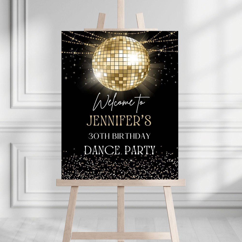 Disco Ball Welcome Canvas, Gold Disco Ball Theme, 70S Retro Disco Party Banner, Editable & Printable Sign, Birthday Graduation Decor Poster