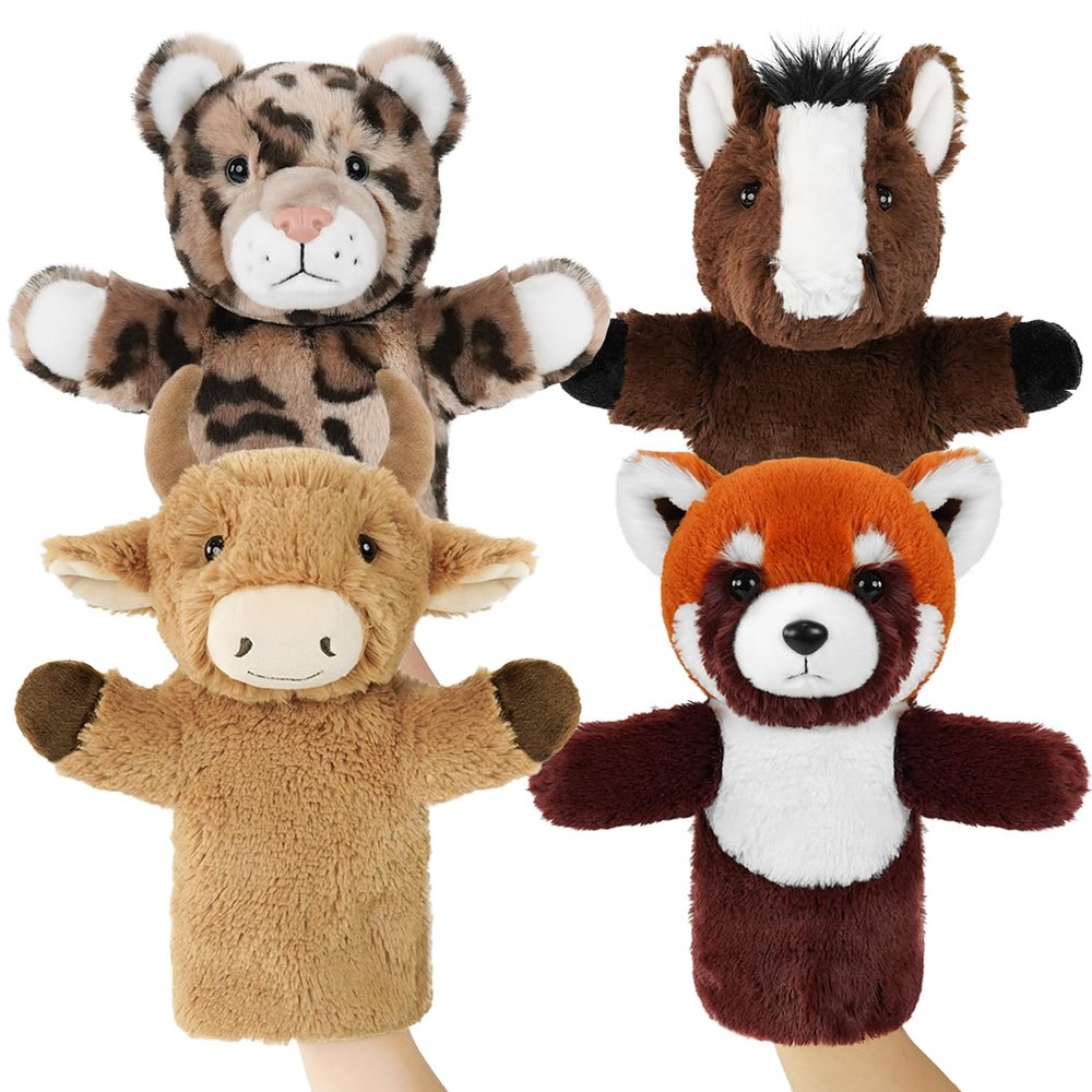 4 PCS 11 Inch Animal Hand Puppet Set Soft Realistic Wild Plush Puppets Toys Horse, Leopard, Red Panda, Highland Cattle Puppet for Kids Ages 1-3, 4-8 and Adult to Tell Stories and Role Play