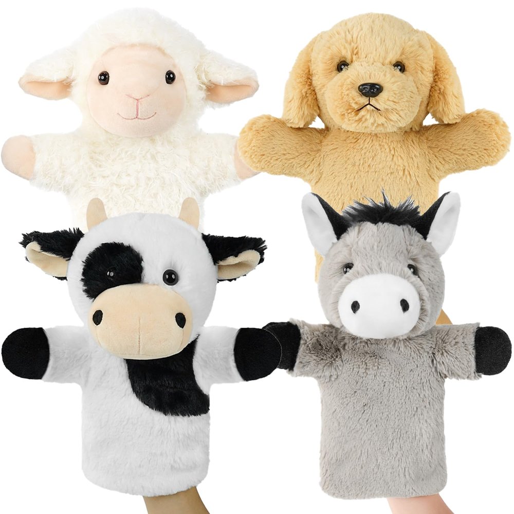 4 PCS 11'' Farm Animal Hand Puppet Set Soft Realistic Plush Puppets Toys Sheep, Donkey, Cow, Dog Puppet for Kids Ages 1-3, 4-8, Toddlers and Adults to Tell Stories and Role Play