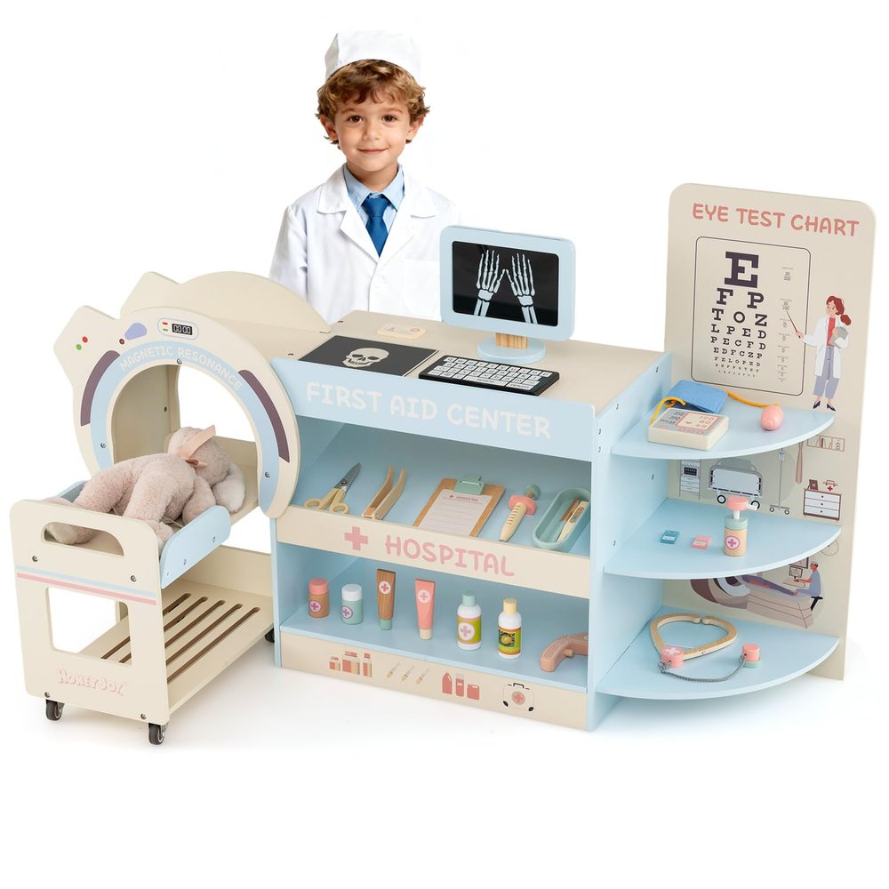 HONEY JOY Kids Doctors Play Set, Wooden Checkup Hospital Office Station & Vet Clinic Center, Movable Medical Cart & 20 Interactive Accessories, Corner Pretend Doctor Kit for Toddlers Boys Girls (Blue)