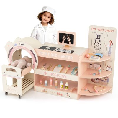 HONEY JOY Kids Wooden Doctor Play Set, Checkup Medical Office Center & Vet Clinic Station, CT Machine & Interactive Accessories, X-Ray, Toddler Pretend Hospital Playset Kit for Boys Girls (Pink)