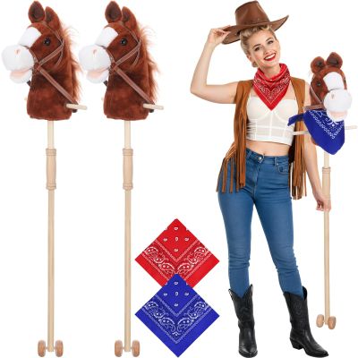 Poen 2 Sets Stick Horse with Red and Blue Bandana, Brown Horse on a Stick with Sound 27.6" Toys for Western Cowboy Theme Party Pretend Games