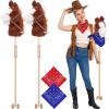 Poen 2 Sets Stick Horse with Red and Blue Bandana, Brown Horse on a Stick with Sound 27.6" Toys for Western Cowboy Theme Party Pretend Games view 1
