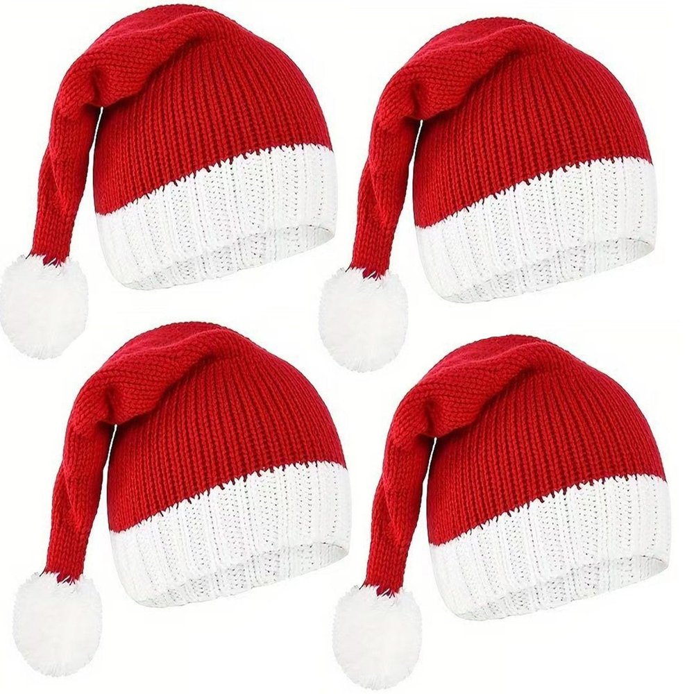 4 Pack Christmas Santa Hat, Classic White Red Knitted Beanie Plush Hats for Christmas Gifts,Holiday Santa Hat Party Decorations