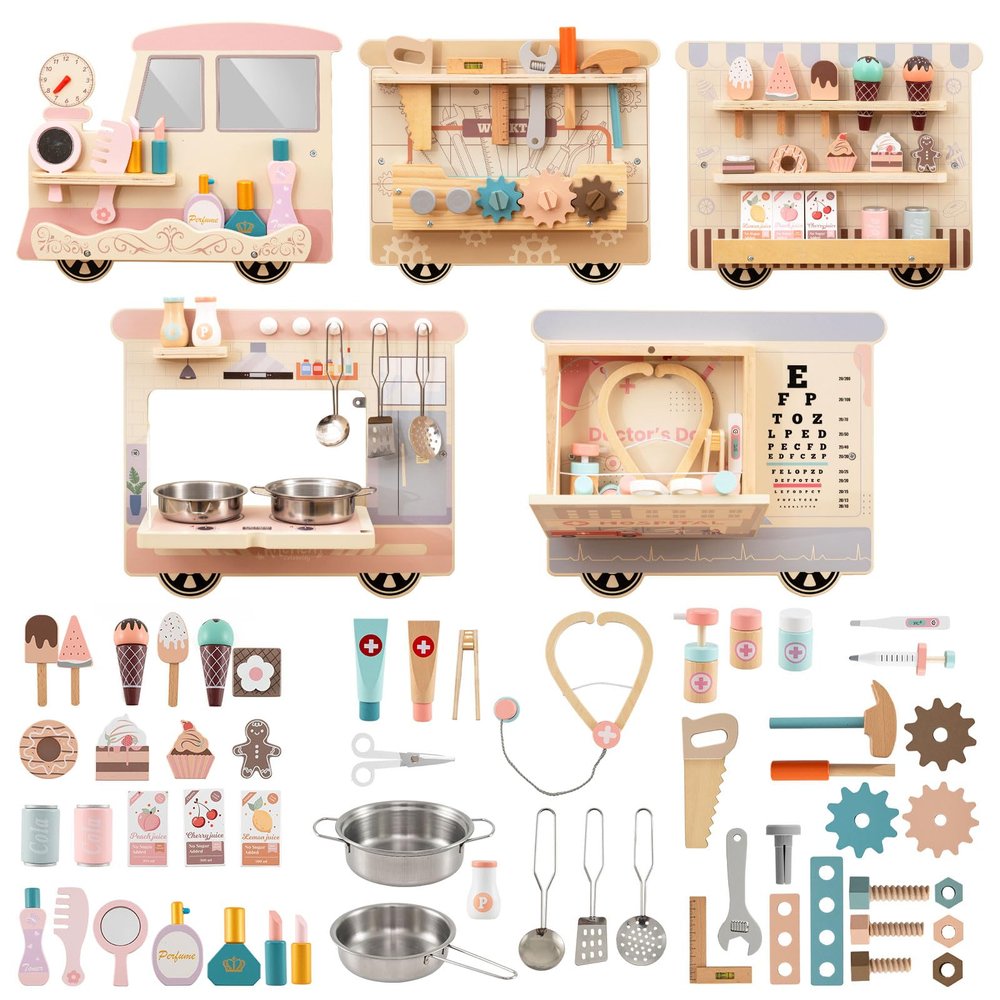 Costzon Train Activity Wall Busy Board, Sensory Wall Panel for Kids w/ Vanity, Tool Box, Play Kitchen, Doctor Kit & Snack Bar, Toddler Montessori Learning Toy for Playroom, Daycare, Nursery, Classroom