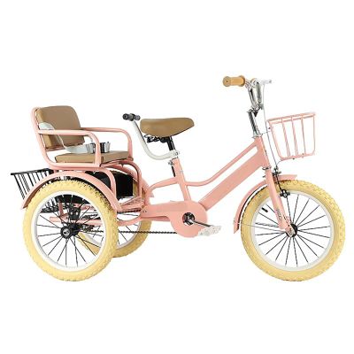 3-Wheel Bikes Carrying Passengers, Two-Seater Children Tricycle, Double Twins Toy Bicycle with Adjustable Height Seats & Handle (Pink, 14 inch)