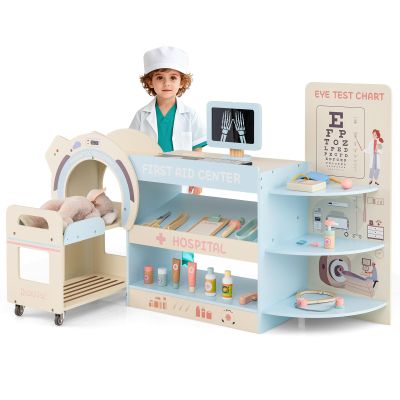 Costzon Kids Doctor Play Set, Wooden Pretend Doctor Kit w/ Eye Chart, Toy CT Machine, Realistic Medical Station & 20 Hospital Accessories, Toy Medical Center Playset for Boys Girls Aged 3+ (Blue)