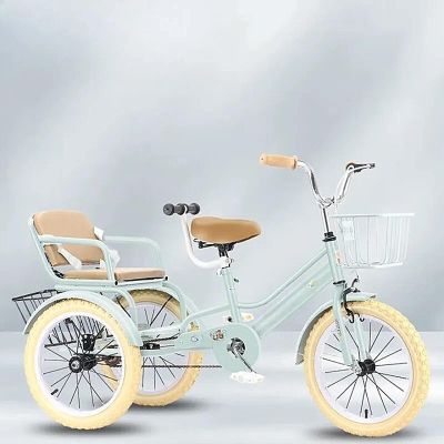 3-Wheel Bikes Carrying Passengers, Two-Seater Children Tricycle, Double Twins Toy Bicycle with Adjustable Height Seats & Handle (Green, 16 inch)