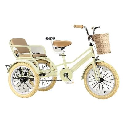 3-Wheel Bikes Carrying Passengers, Two-Seater Children Tricycle, Double Twins Toy Bicycle with Adjustable Height Seats & Handle (Yellow, 16 inch)