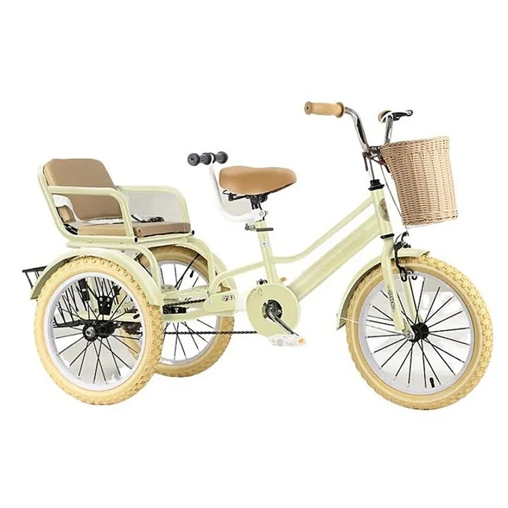 3-Wheel Bikes Carrying Passengers, Two-Seater Children Tricycle, Double Twins Toy Bicycle with Adjustable Height Seats & Handle (Yellow, 16 inch)