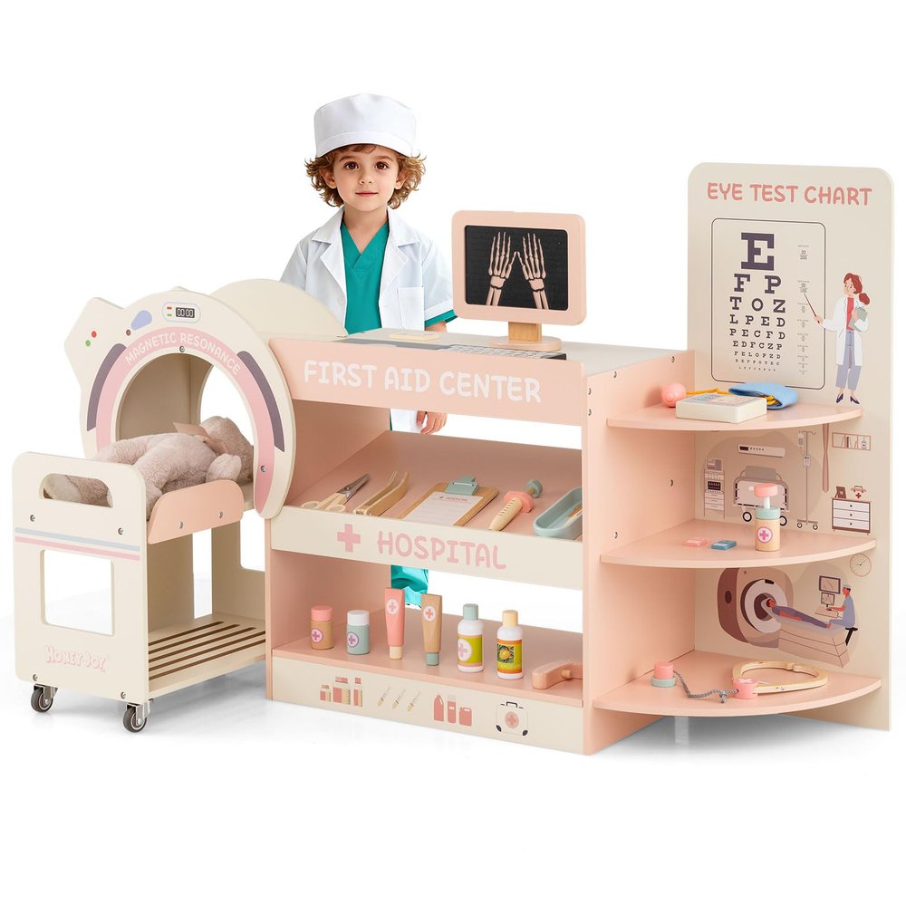 Costzon Kids Doctor Play Set, Wooden Pretend Doctor Kit w/ Eye Chart, Toy CT Machine, Realistic Medical Station & 20 Hospital Accessories, Toy Medical Center Playset for Boys Girls Aged 3+ (Pink)