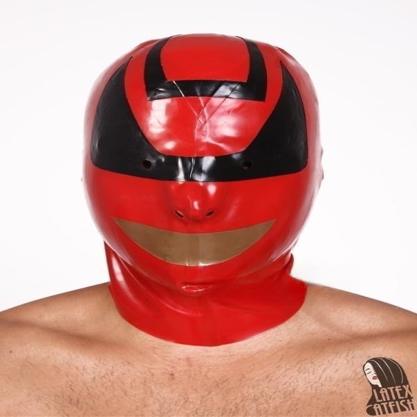 AiCc stylists Red Latex Ranger Power Hood Rubber Mask Back Zipper Cosplay (XS)