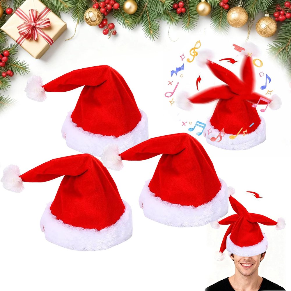 Singing & Dancing Electric Christmas Santa Hat,New Soft Funny Similarlyl Electric Christmas Hat for Unisex Christma Decor (3Pcs)