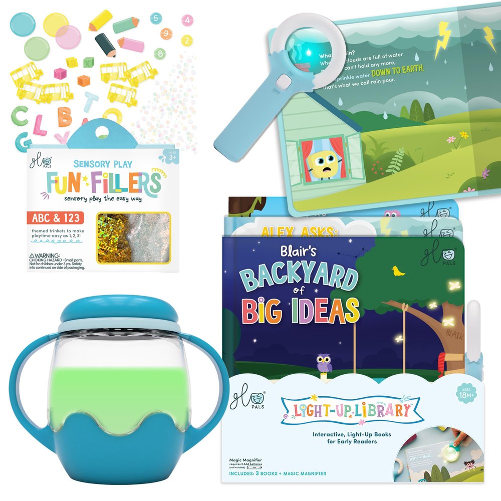 Glo Pals Bedtime Bundle Blue - Mini Sensory Jar with ABC/123 Fun Fillers & Light Up Library 3 Pack - Interactive Reading Books for Kids with 1 Magic Magnifier - Sensory Toys for Kids
